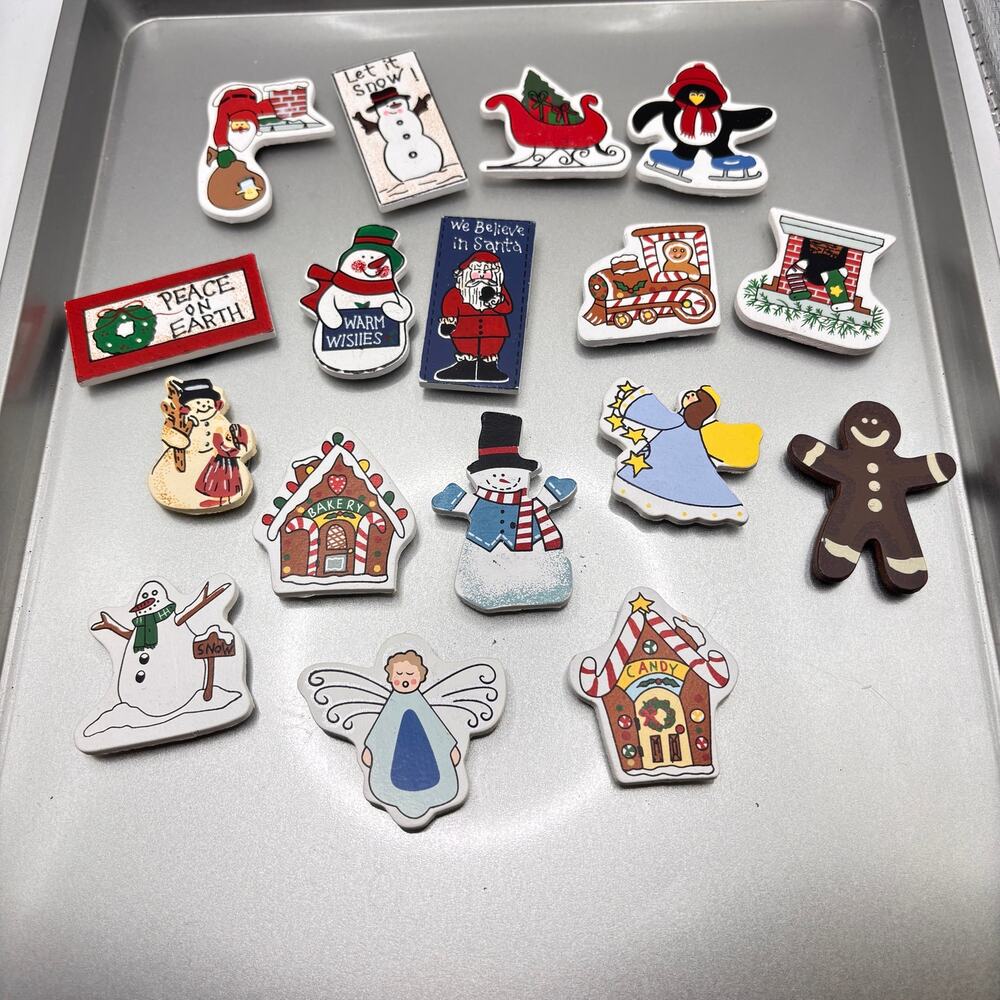 Handmade Wooden Christmas Magnets Snowmen Angels Santa Gingerbread Vintage OOAK